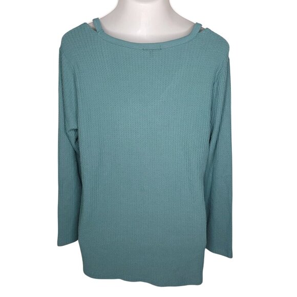 Democracy Womens Top L Waffle-Knit V-Neck Long-Sleeve Hi-Lo Pullover - Picture 3 of 6